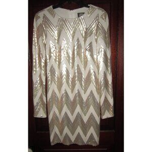 Vince Camuto Sz 4 Mini Dress Short Sequins Fitted Stretch Gold White Long Sleeve